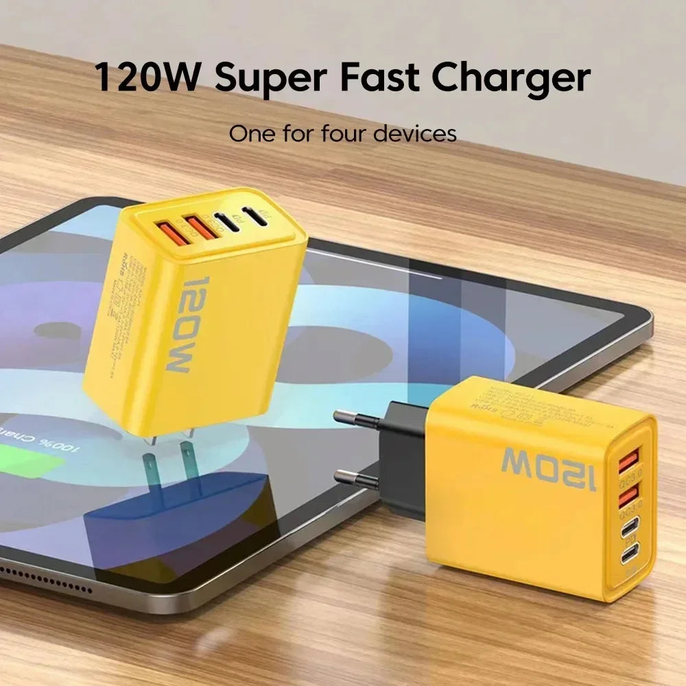 120W 4-Port USB Wall Charger with Quick Charge 3.0 & USB-C PD – Fast Charging Adapter for iPhone 16, Samsung S24, Xiaomi 15 & More