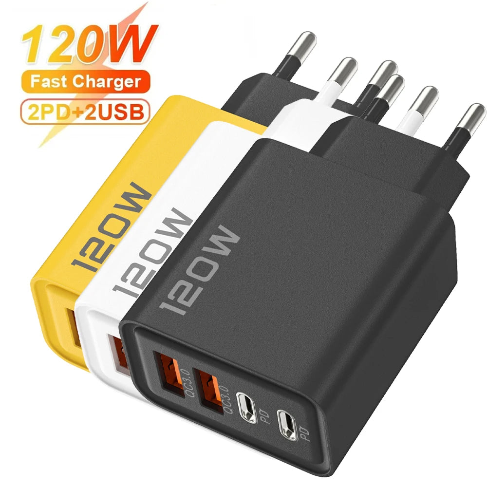 120W 4-Port USB Wall Charger with Quick Charge 3.0 & USB-C PD – Fast Charging Adapter for iPhone 16, Samsung S24, Xiaomi 15 & More