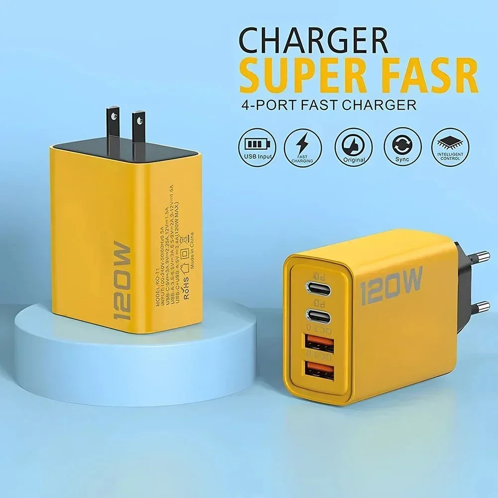 120W 4-Port USB Wall Charger with Quick Charge 3.0 & USB-C PD – Fast Charging Adapter for iPhone 16, Samsung S24, Xiaomi 15 & More