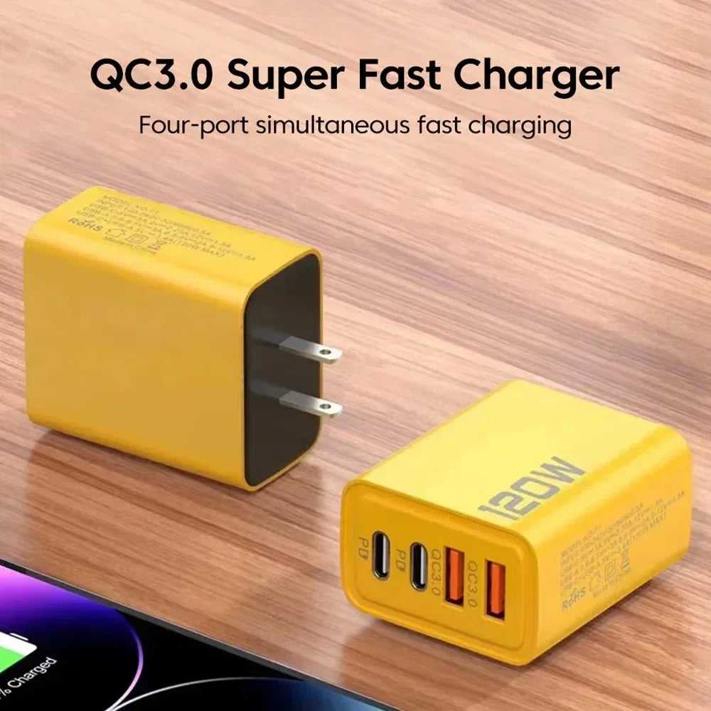 120W 4-Port USB Wall Charger with Quick Charge 3.0 & USB-C PD – Fast Charging Adapter for iPhone 16, Samsung S24, Xiaomi 15 & More