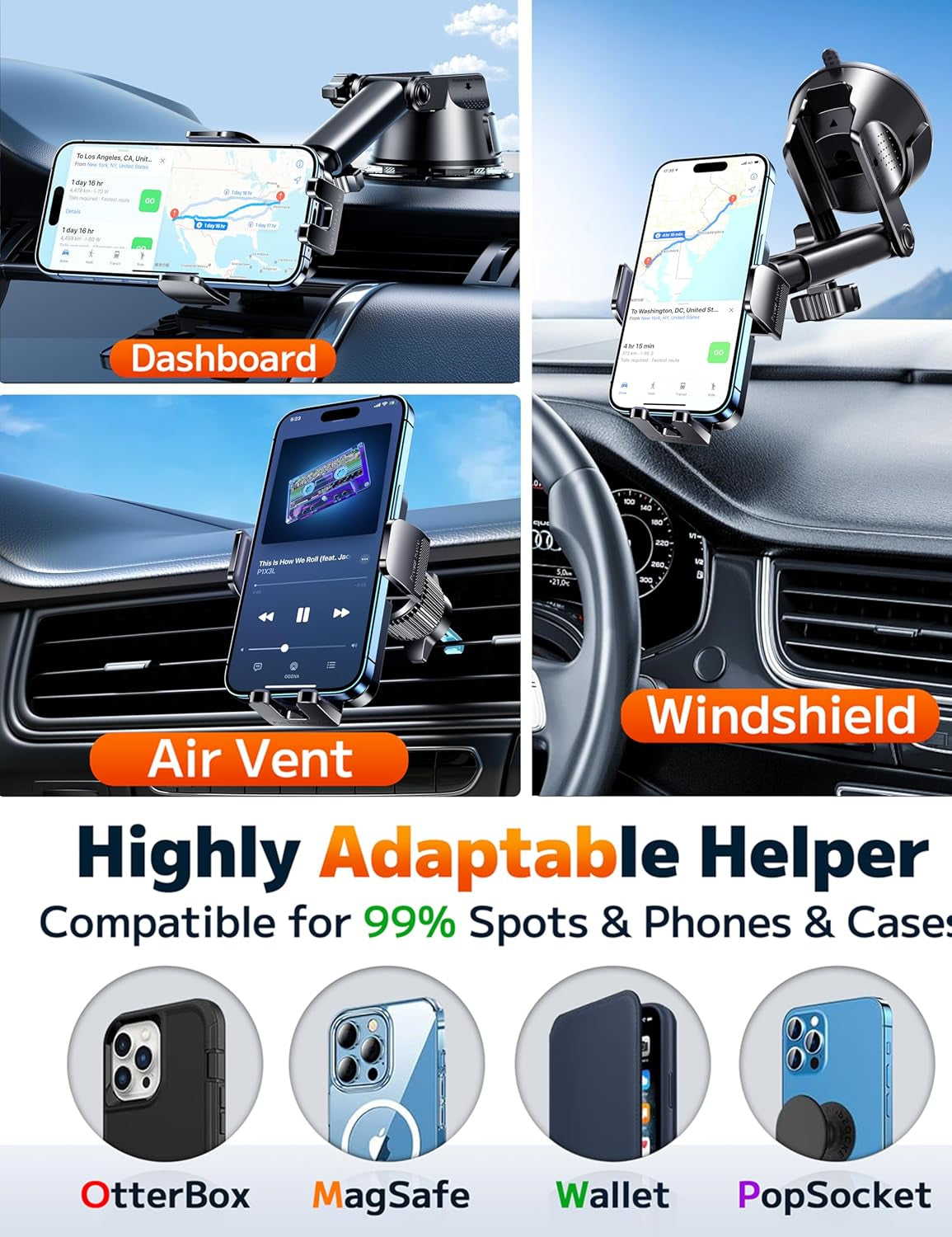 Universal Car Phone Mount – Dashboard, Windshield & Air Vent Holder | Hands-Free Cell Phone Holder for iPhone & Smartphones