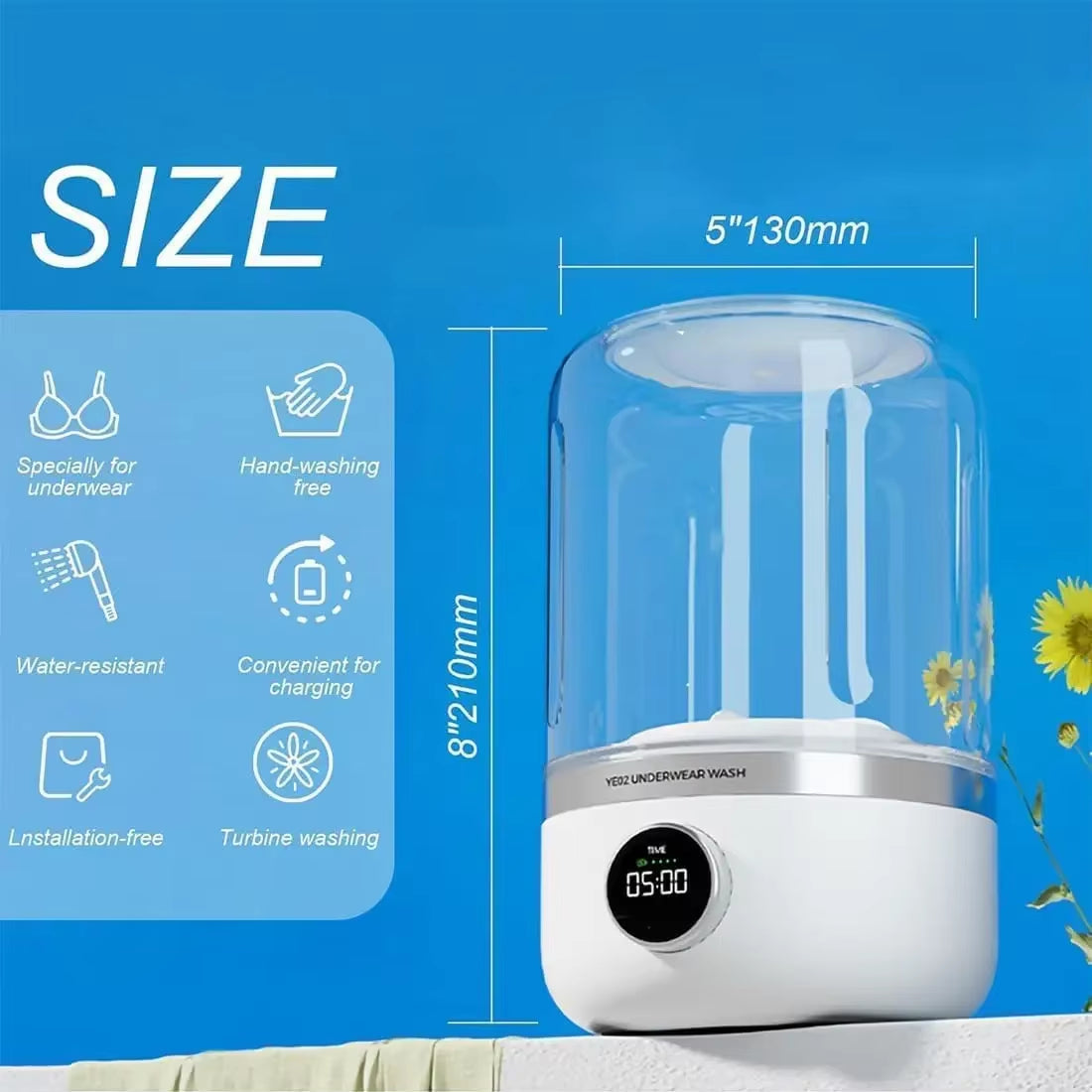 Wireless Portable Washing Machine – 1L Mini Washer for Underwear & Socks with Dehydration | USB Rechargeable, Compact & Energy-Efficient
