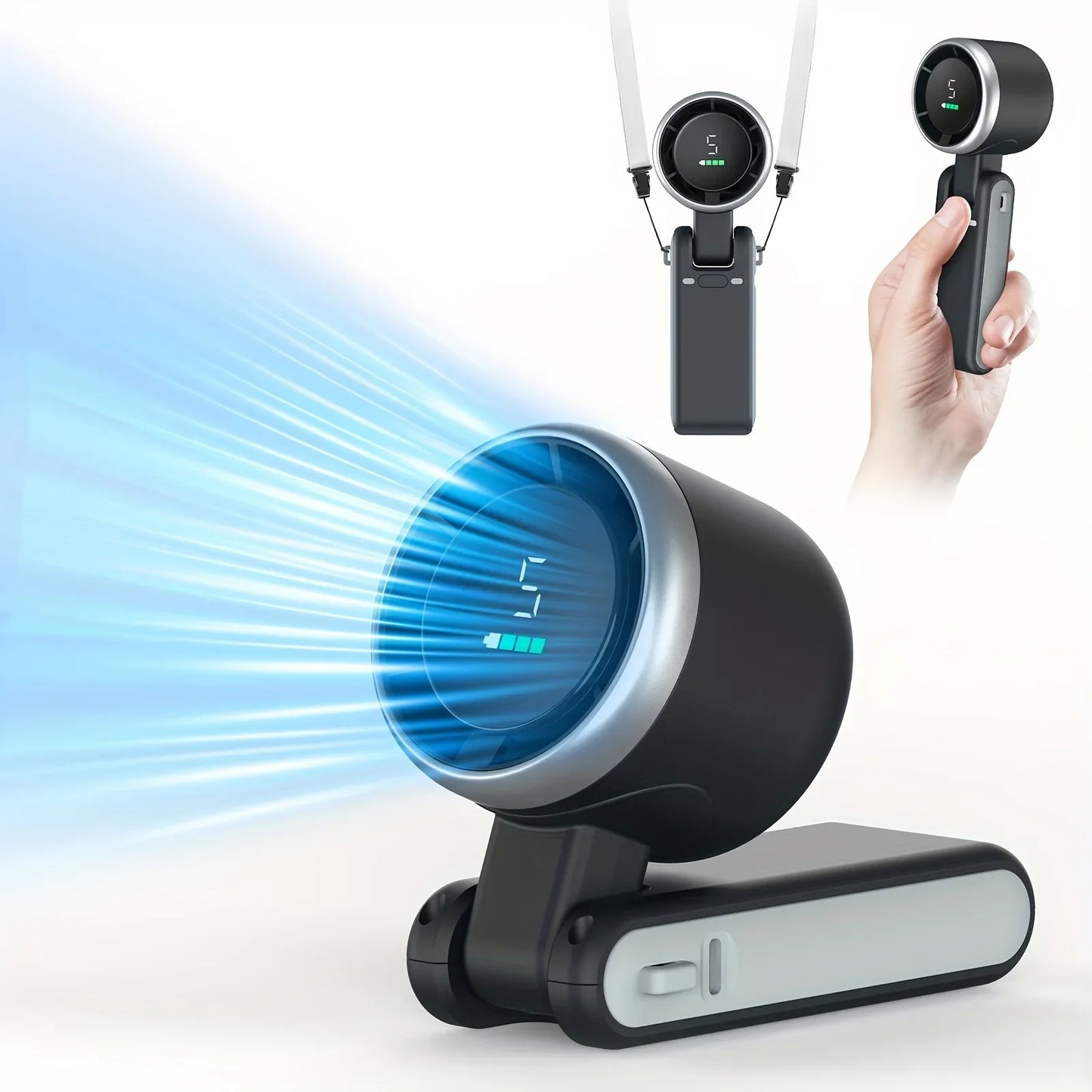 3-in-1 Rechargeable Travel Mini Fan – 5-Speed Cooling with 3600mAh Battery & USB Charging