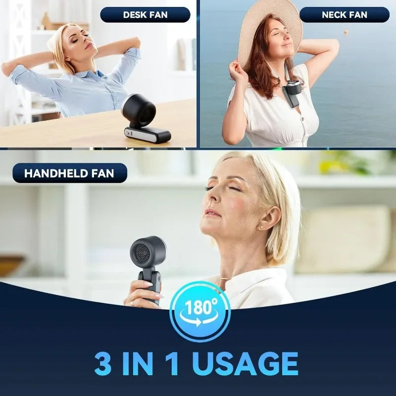 3-in-1 Rechargeable Travel Mini Fan – 5-Speed Cooling with 3600mAh Battery & USB Charging