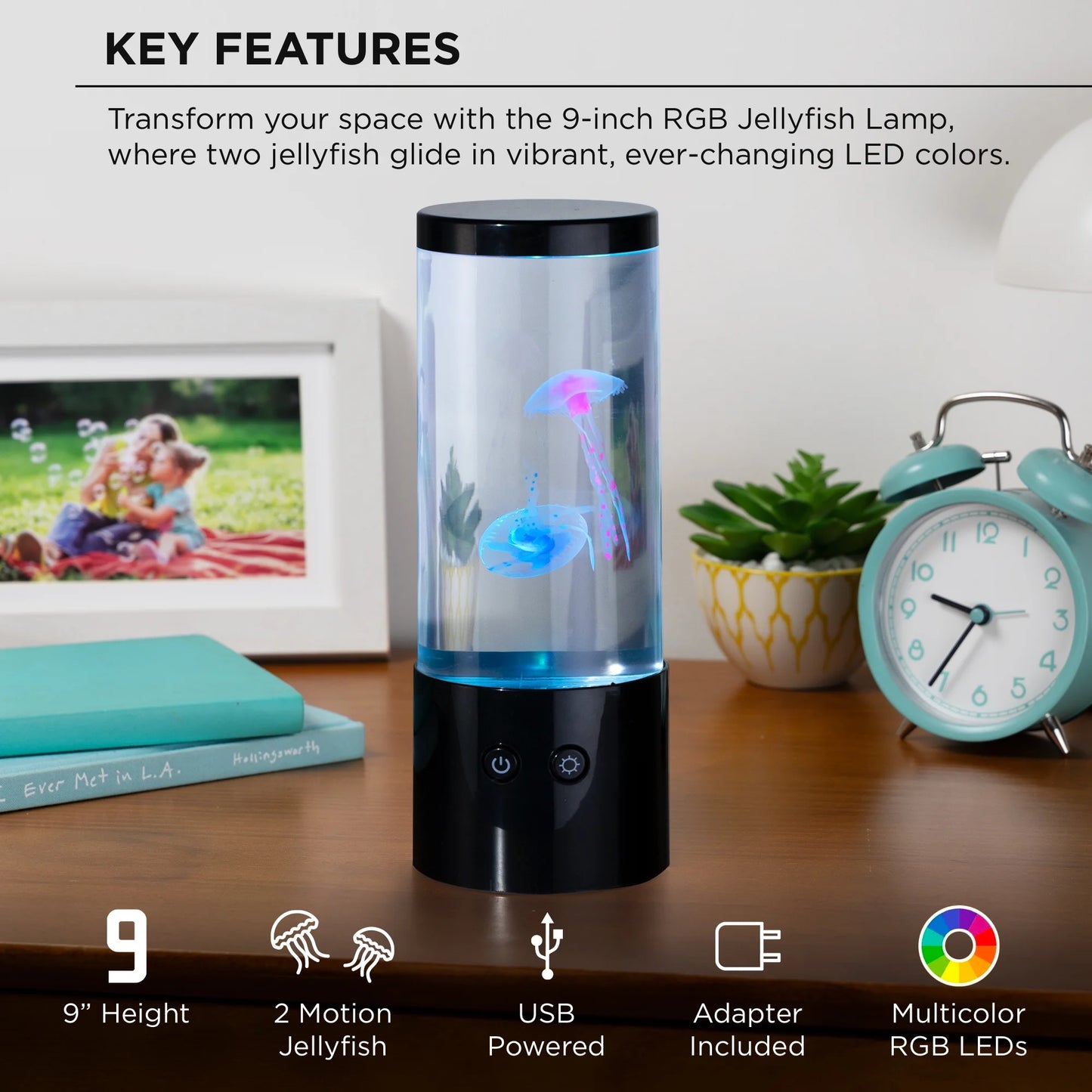 Merkury Innovations Jellyfish Night Light Lamp – 9" USB-Powered Aquarium Lamp with Lifelike Motion & Multicolor LED Lighting, Easy Mode Switching